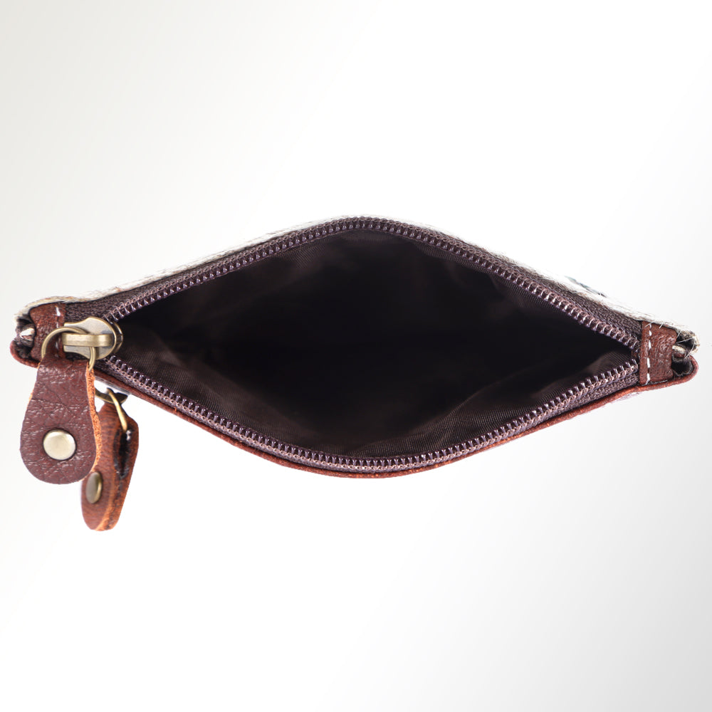 ADBGM359 Hair-On Cowhide Coin Purse with Desert Scene Applique - Handmade Western Cactus Zip Pouch