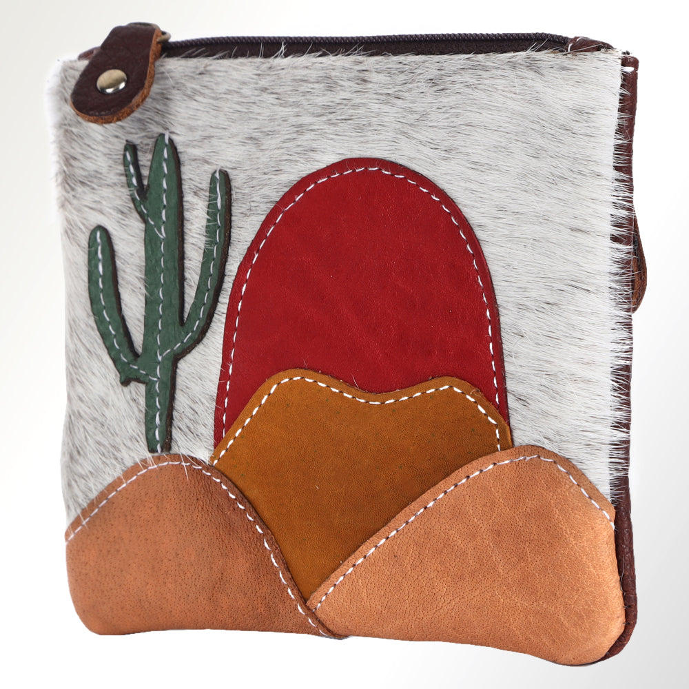 ADBGM359 Hair-On Cowhide Coin Purse with Desert Scene Applique - Handmade Western Cactus Zip Pouch