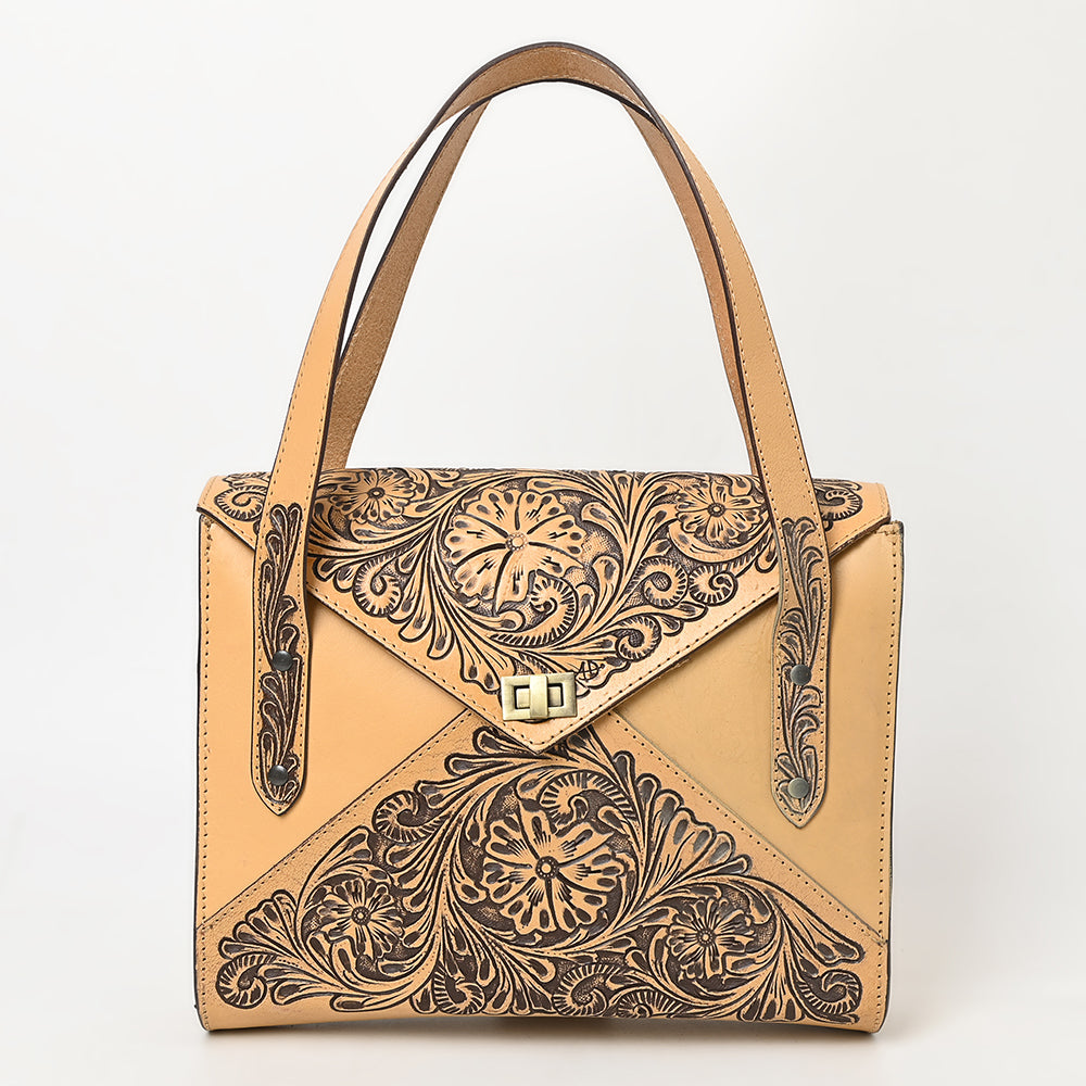 ADBGZ785 Envelope-Style Hand-Tooled Tan Leather Tote bag - Western Floral Design