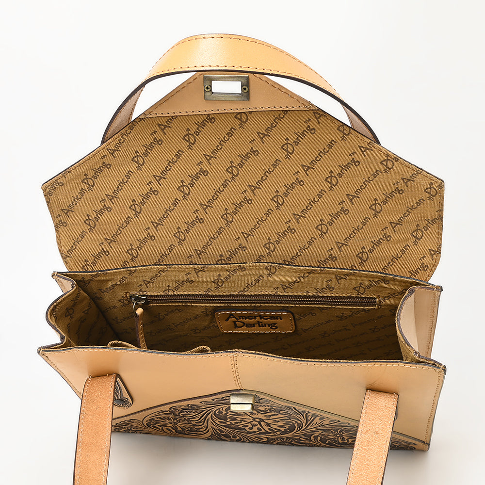 ADBGZ785 Envelope-Style Hand-Tooled Tan Leather Tote bag - Western Floral Design