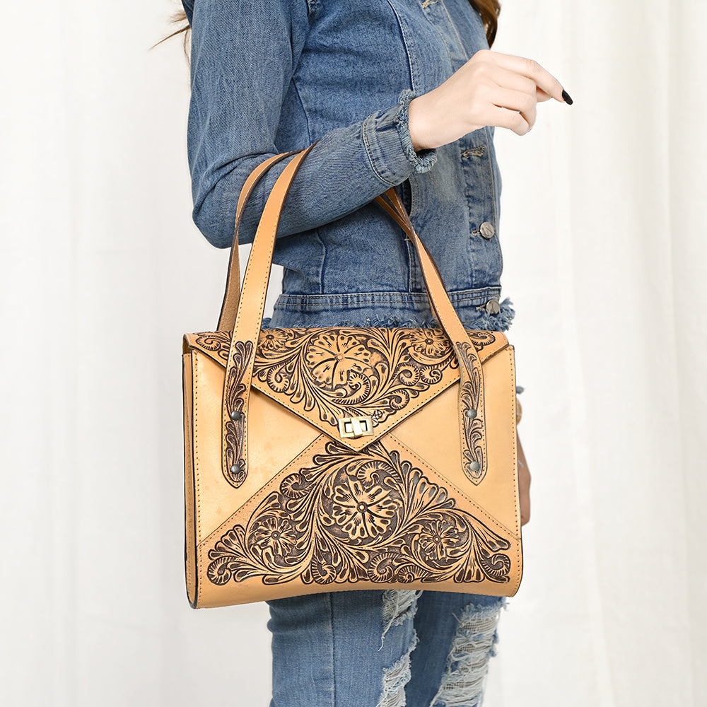 ADBGZ785 Envelope-Style Hand-Tooled Tan Leather Tote bag - Western Floral Design