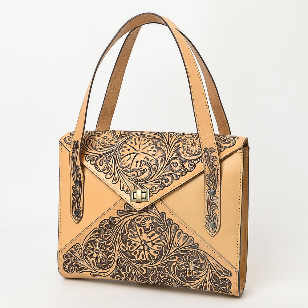 ADBGZ785 Envelope-Style Hand-Tooled Tan Leather Tote bag - Western Floral Design