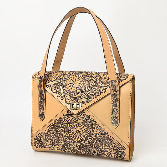ADBGZ785 Envelope-Style Hand-Tooled Tan Leather Tote bag - Western Floral Design