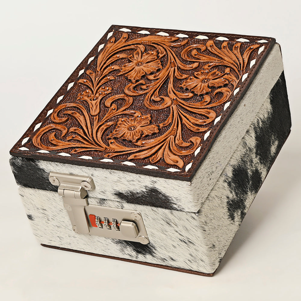 ADBGA457 American Darling Western Lockbox Tooled Leather & Cowhide Safe with Combination Lock