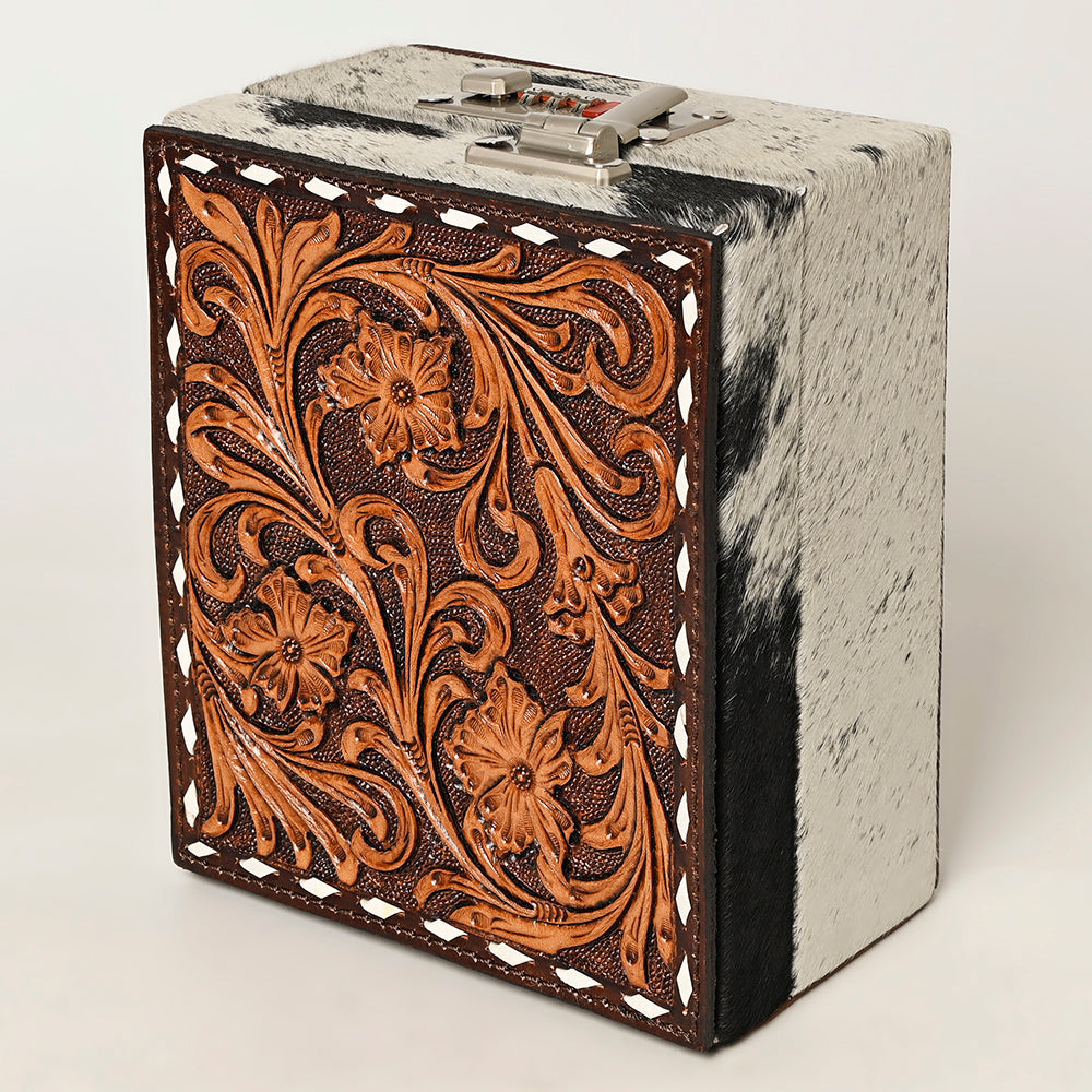ADBGA457 American Darling Western Lockbox Tooled Leather & Cowhide Safe with Combination Lock
