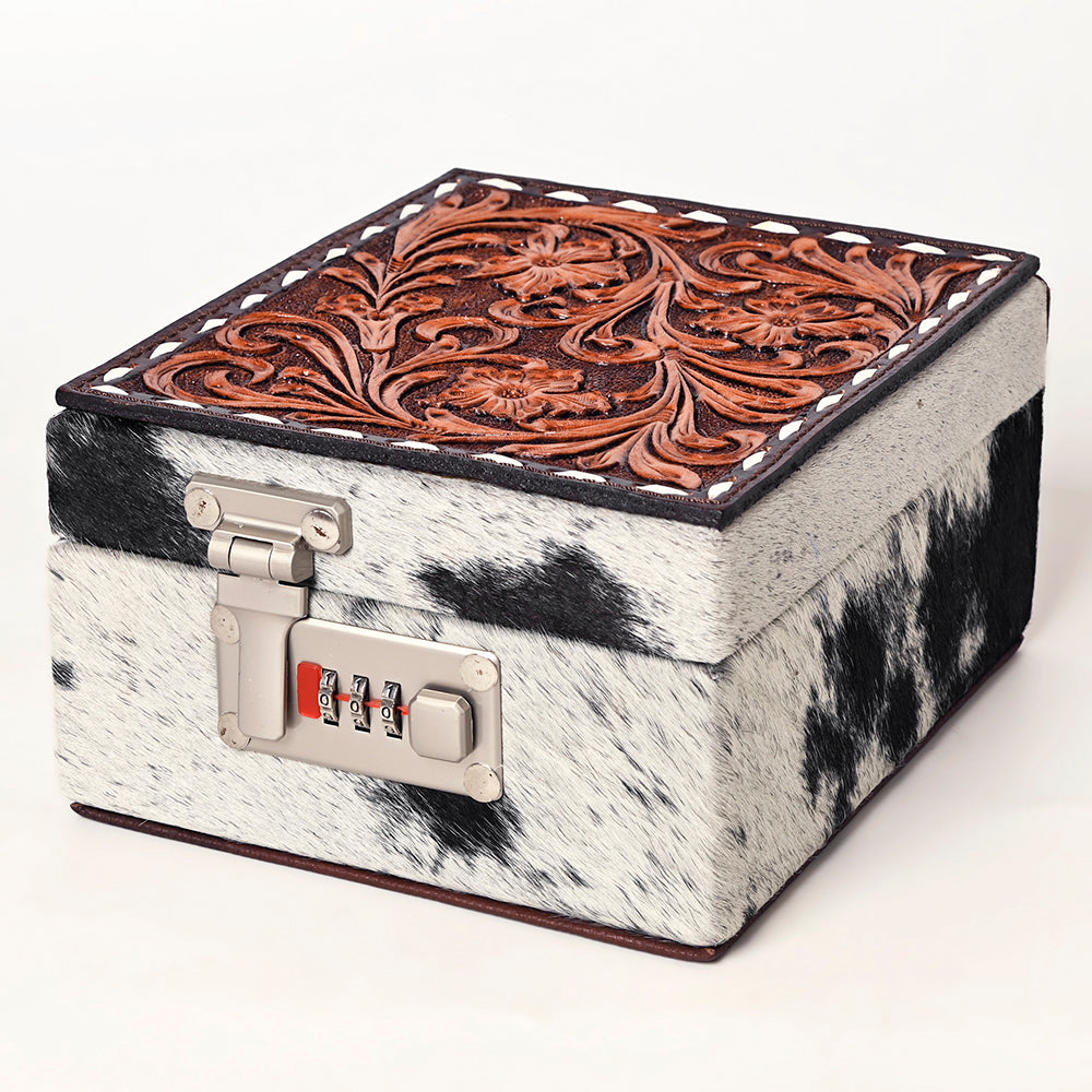 ADBGA457 American Darling Western Lockbox Tooled Leather & Cowhide Safe with Combination Lock