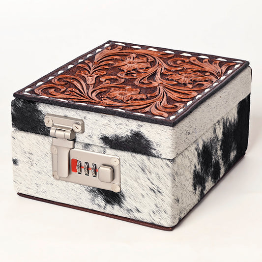 ADBGA457 American Darling Western Lockbox Tooled Leather & Cowhide Safe with Combination Lock