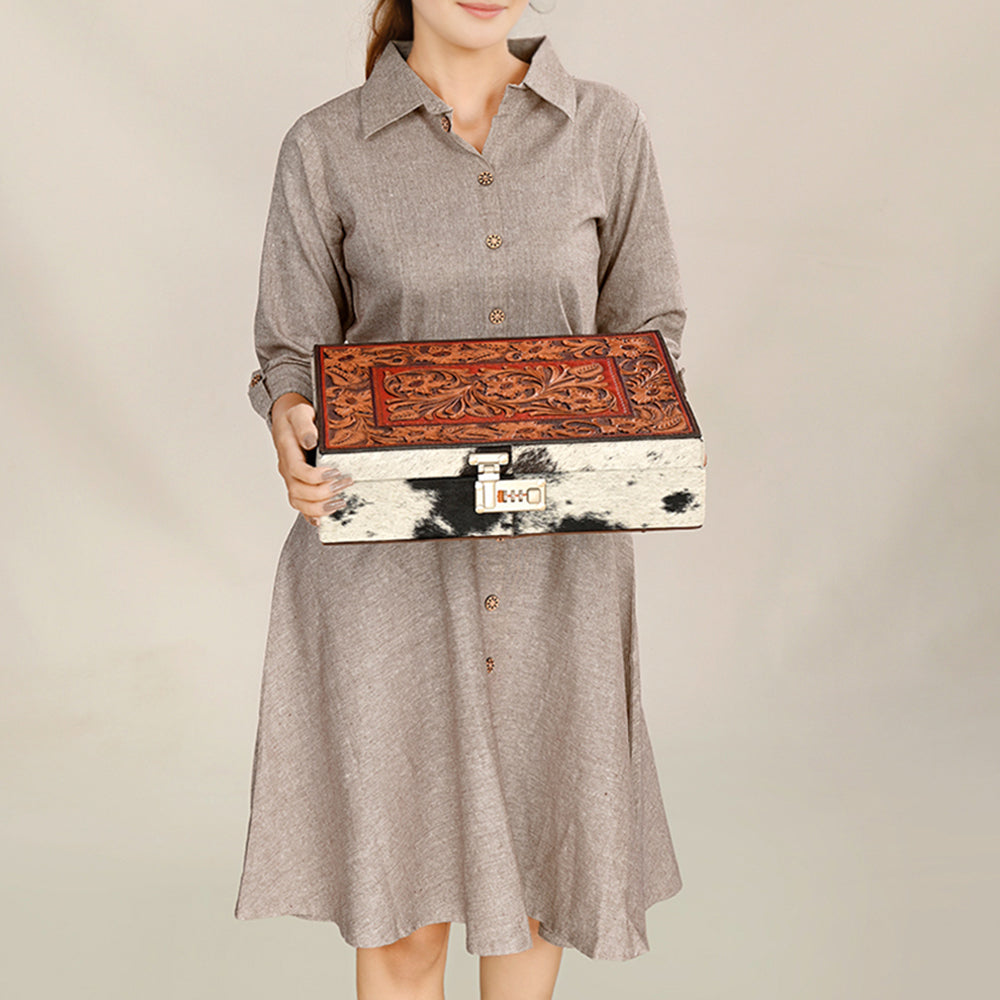 ADBGA460 American Darling Large Lockbox Tooled Leather & Cowhide Secure Organizer with Combination Lock