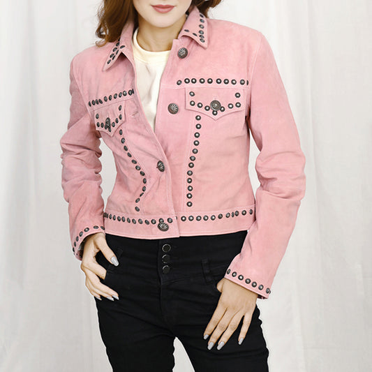 ADJKT042 Women's Cropped Pink Genuine suede Western Jacket with Studded Accents