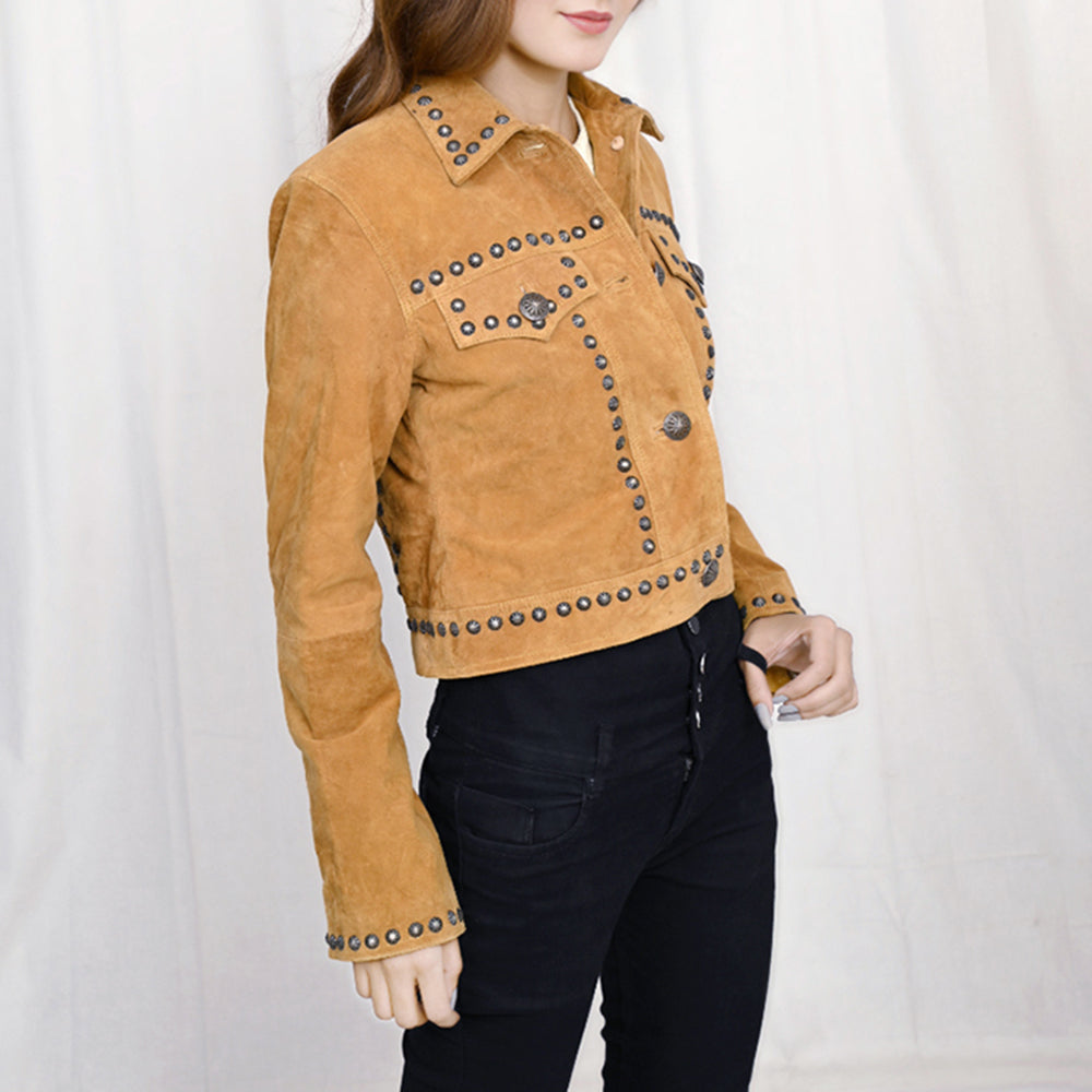 ADJKT043 Women's Cropped Tan Genuine suede Western Jacket with Concho Stud Accents