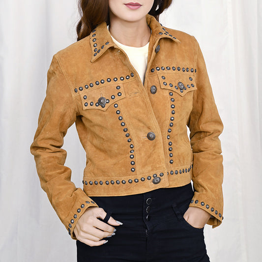 ADJKT043 Women's Cropped Tan Genuine suede Western Jacket with Concho Stud Accents