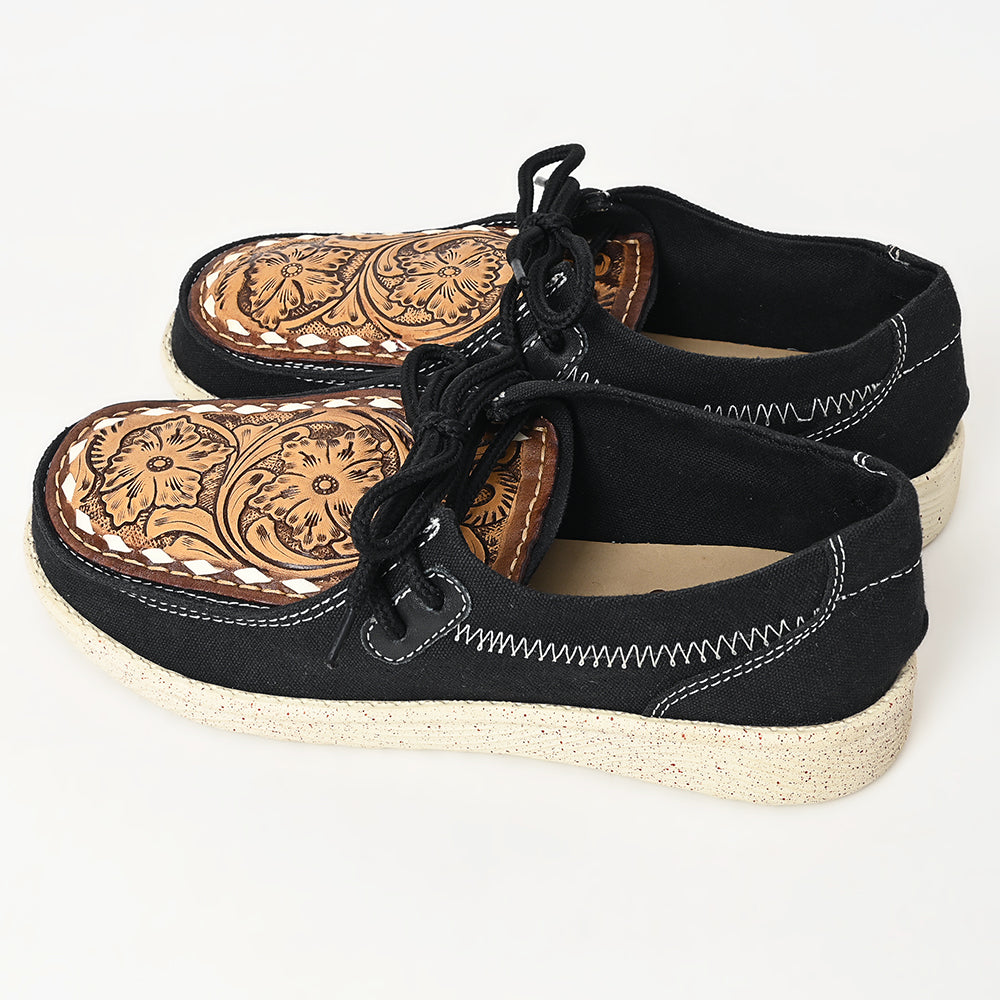 LC-ADFT170 Black Canvas Casuals with Hand-Tooled Leather Top - American Darling Lace-Up Loafers