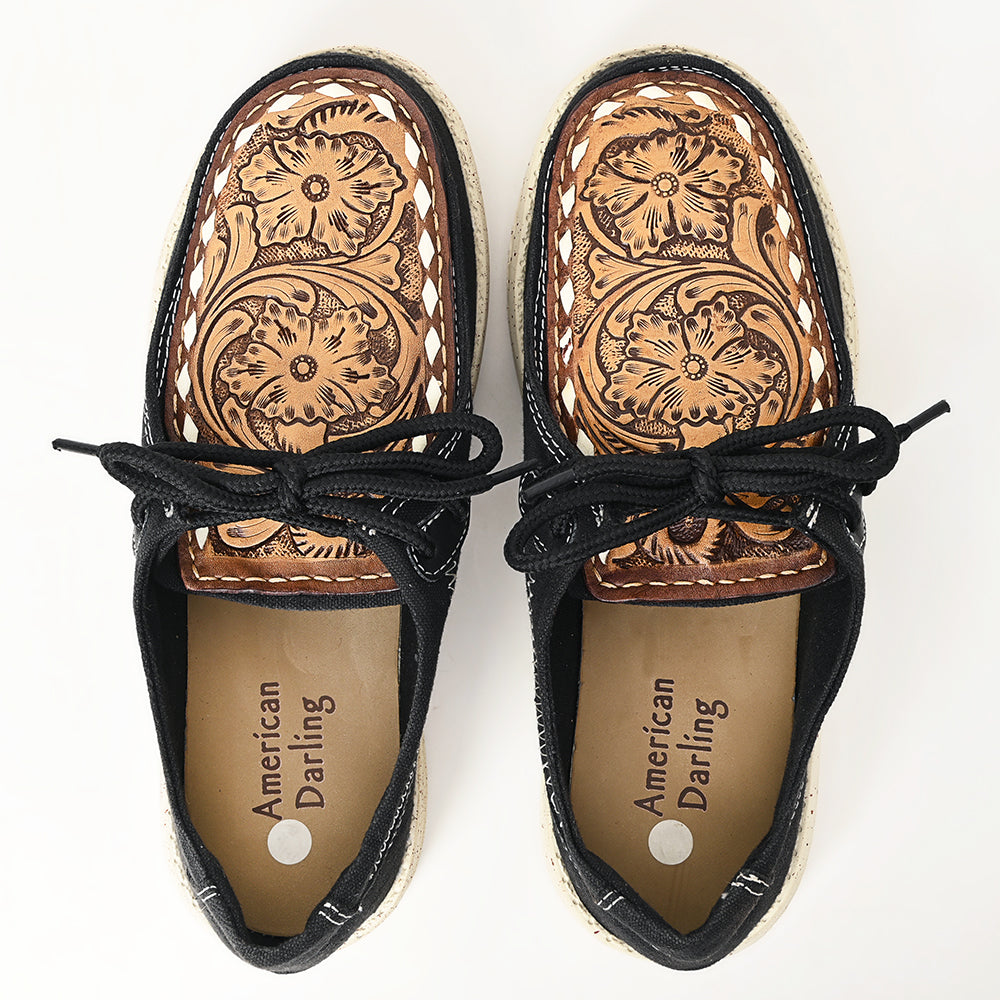 LC-ADFT170 Black Canvas Casuals with Hand-Tooled Leather Top - American Darling Lace-Up Loafers