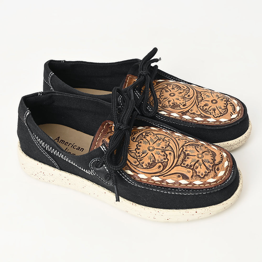 LC-ADFT170 Black Canvas Casuals with Hand-Tooled Leather Top - American Darling Lace-Up Loafers