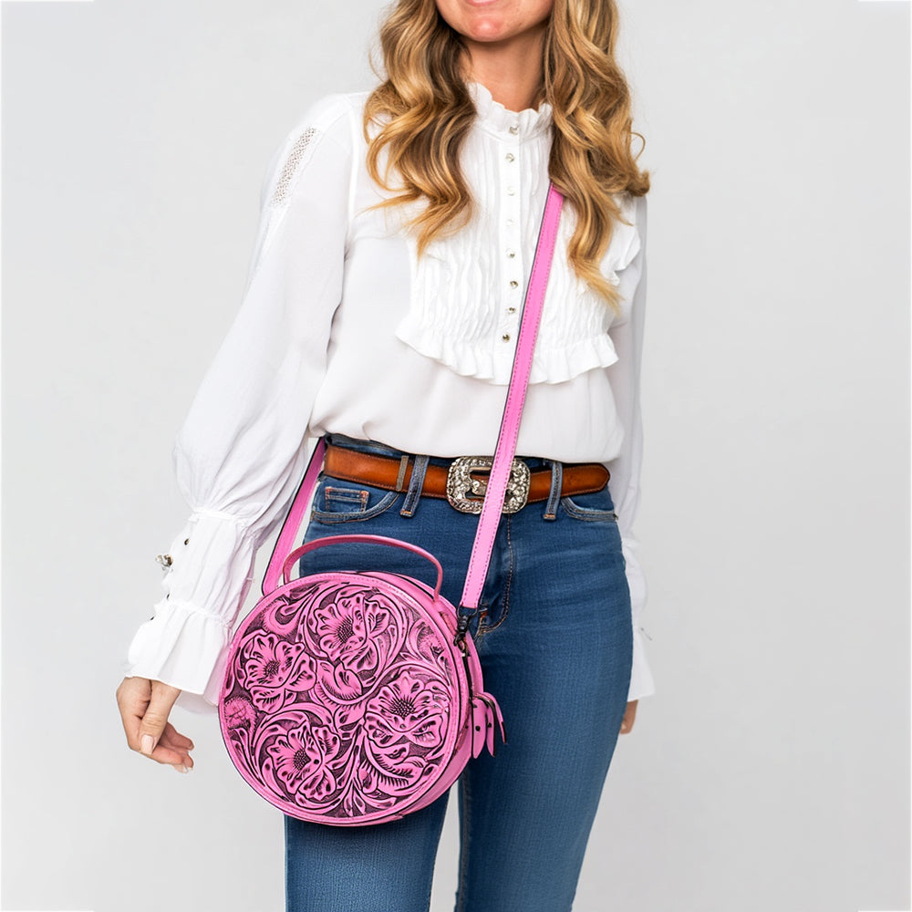ADBG1300 American Darling Pink Western Leather Canteen Bag - Genuine Leather Hand-Tooled Round Crossbody by American Darling