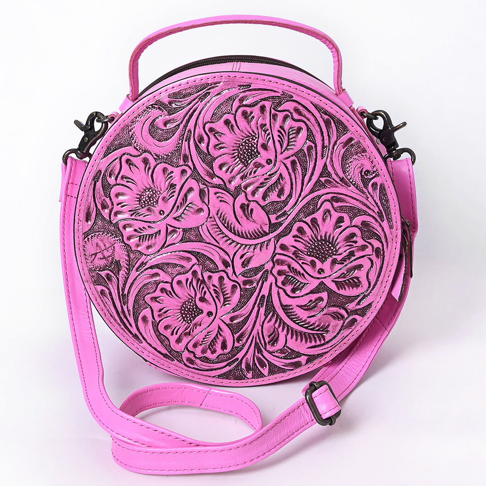ADBG1300 American Darling Pink Western Leather Canteen Bag - Genuine Leather Hand-Tooled Round Crossbody by American Darling