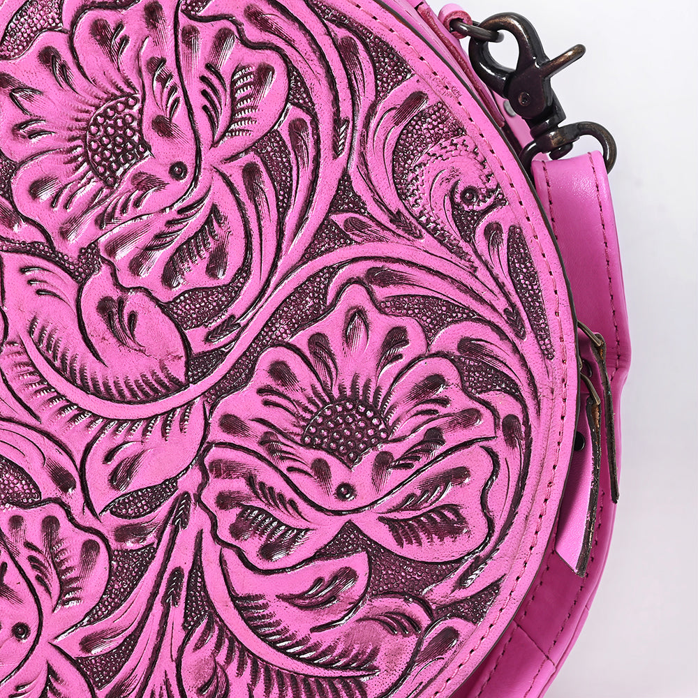 ADBG1300 American Darling Pink Western Leather Canteen Bag - Genuine Leather Hand-Tooled Round Crossbody by American Darling