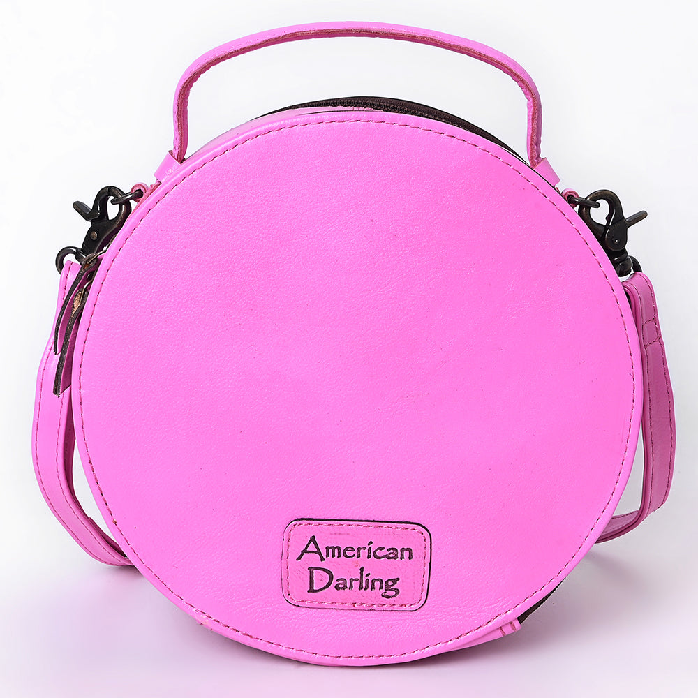ADBG1300 American Darling Pink Western Leather Canteen Bag - Genuine Leather Hand-Tooled Round Crossbody by American Darling