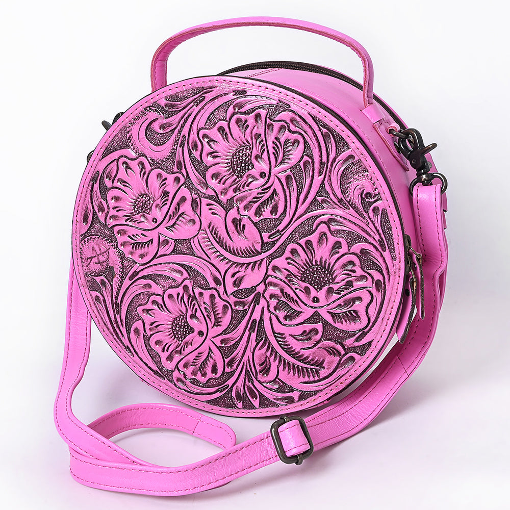 ADBG1300 American Darling Pink Western Leather Canteen Bag - Genuine Leather Hand-Tooled Round Crossbody by American Darling