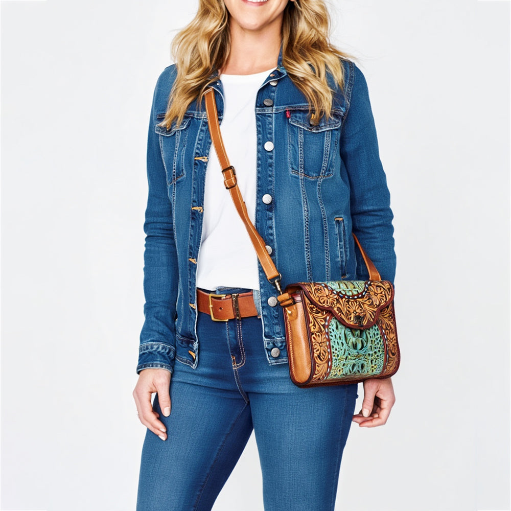 ADBG1303 American Darling Crocodile Hand Tooled Leather Crossbody Clutch