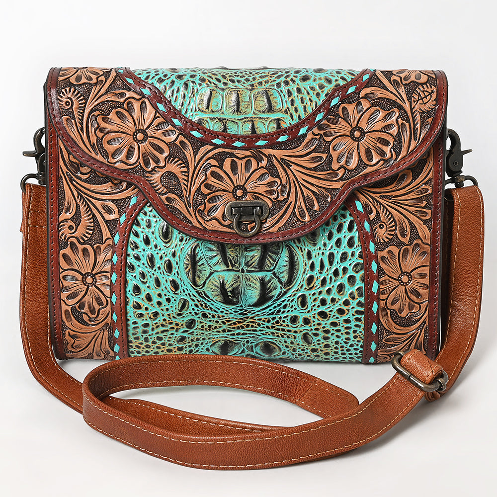 ADBG1303 American Darling Crocodile Hand Tooled Leather Crossbody Clutch