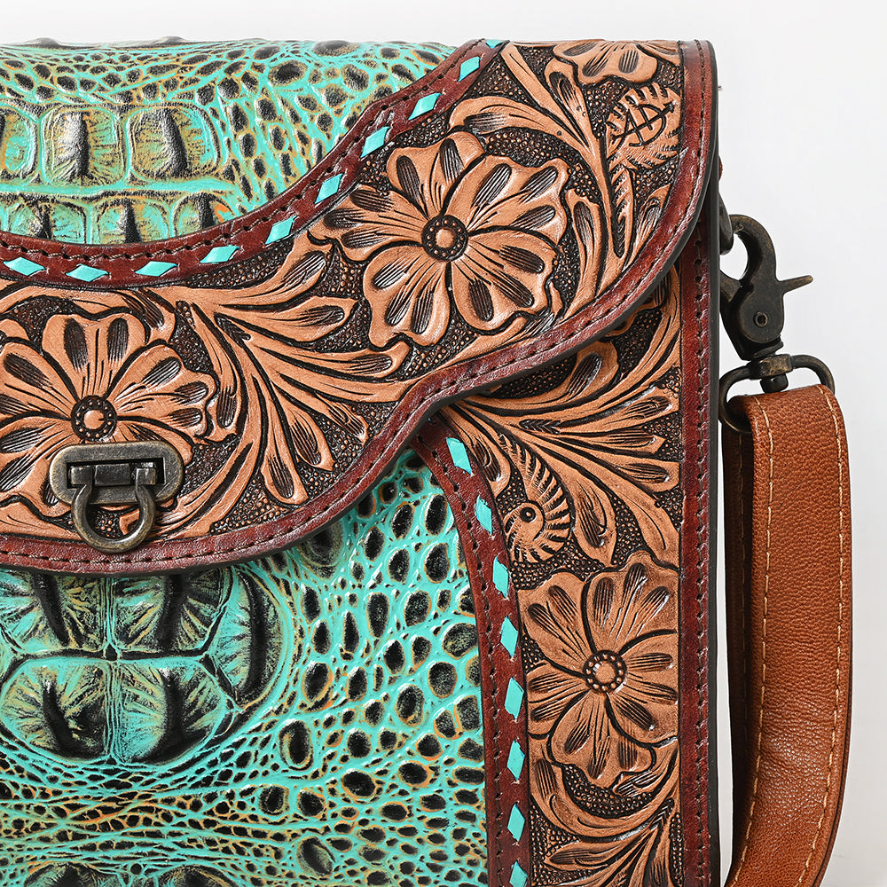 ADBG1303 American Darling Crocodile Hand Tooled Leather Crossbody Clutch