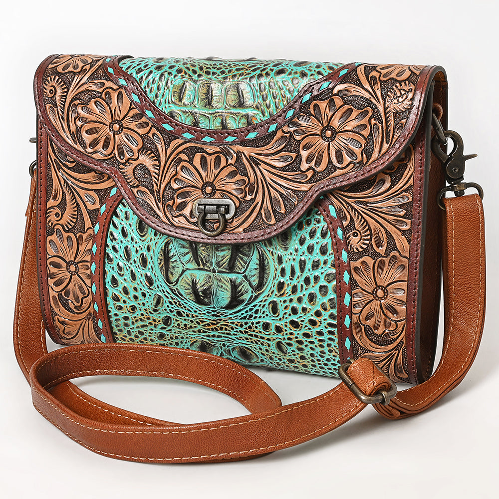 ADBG1303 American Darling Crocodile Hand Tooled Leather Crossbody Clutch