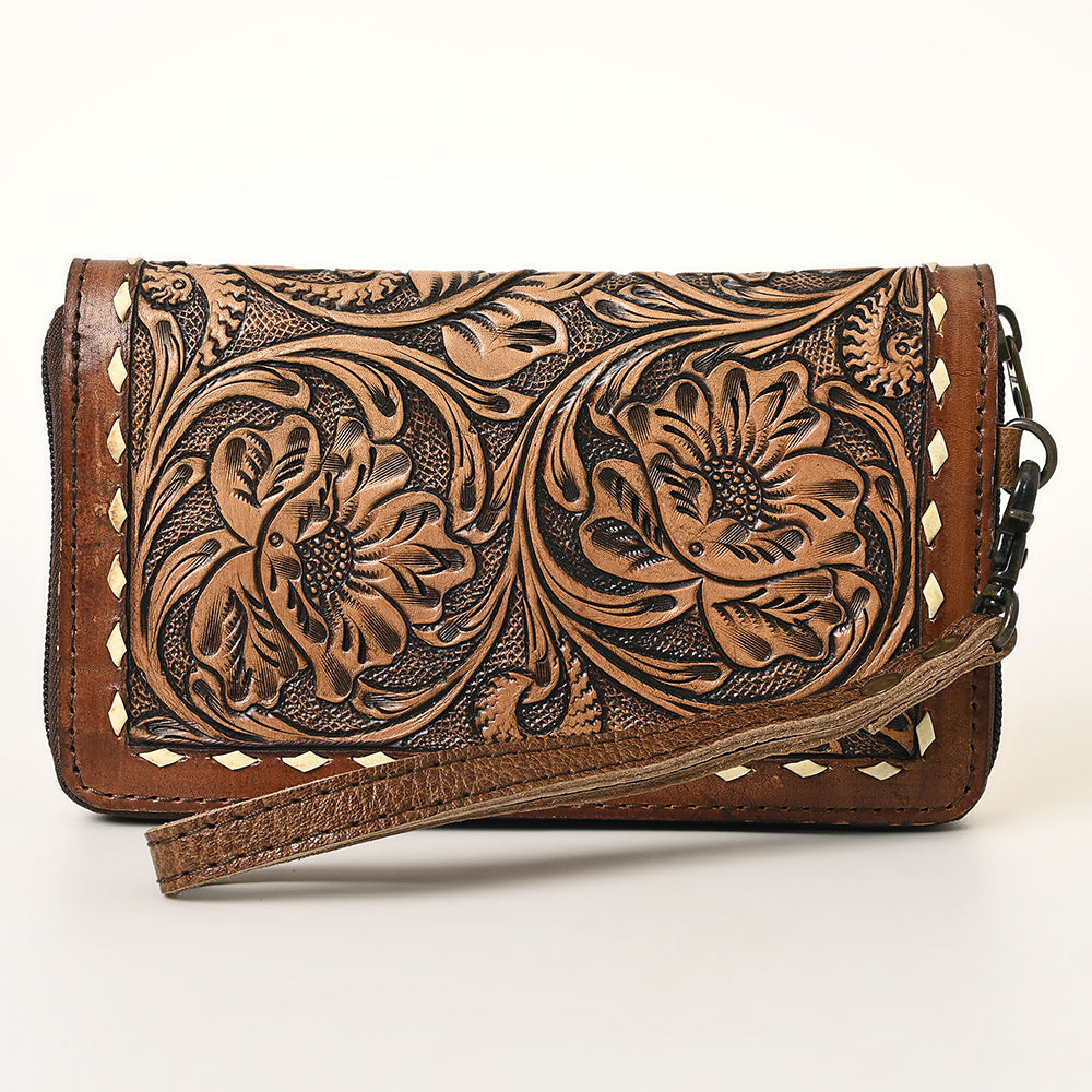 ADBG1309 American Darling Tooled Leather Wallet | Floral Buckstitch Wristlet