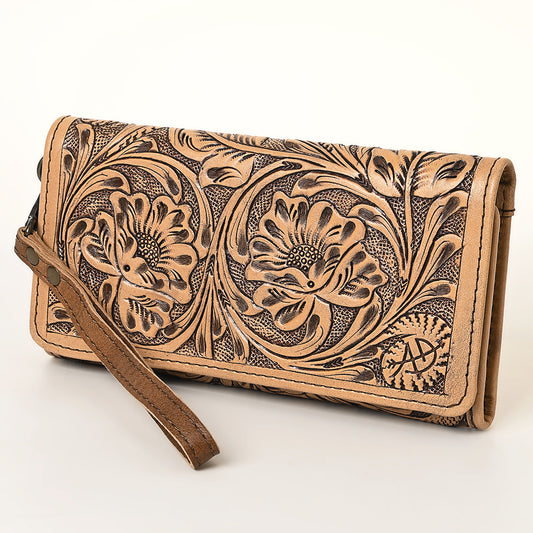 ADBG1311 American Darling Hand-Tooled Leather Trifold Wallet | Floral Carved Wristlet