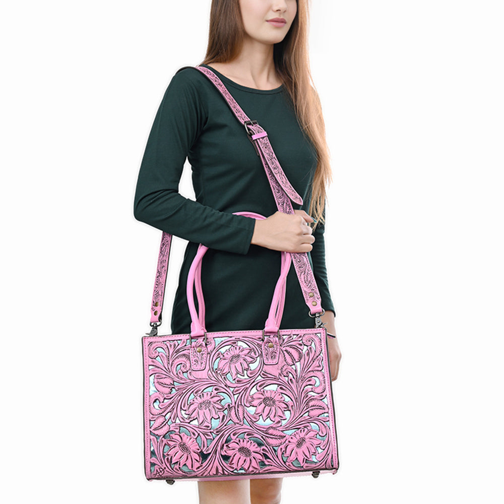 ADBG1314 American Darling Pink Hand-Tooled Leather Tote | Floral Carved Handbag