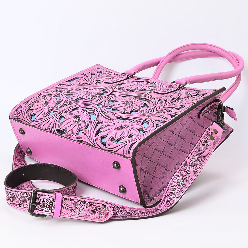 ADBG1314 American Darling Pink Hand-Tooled Leather Tote -Floral Carved Handbag