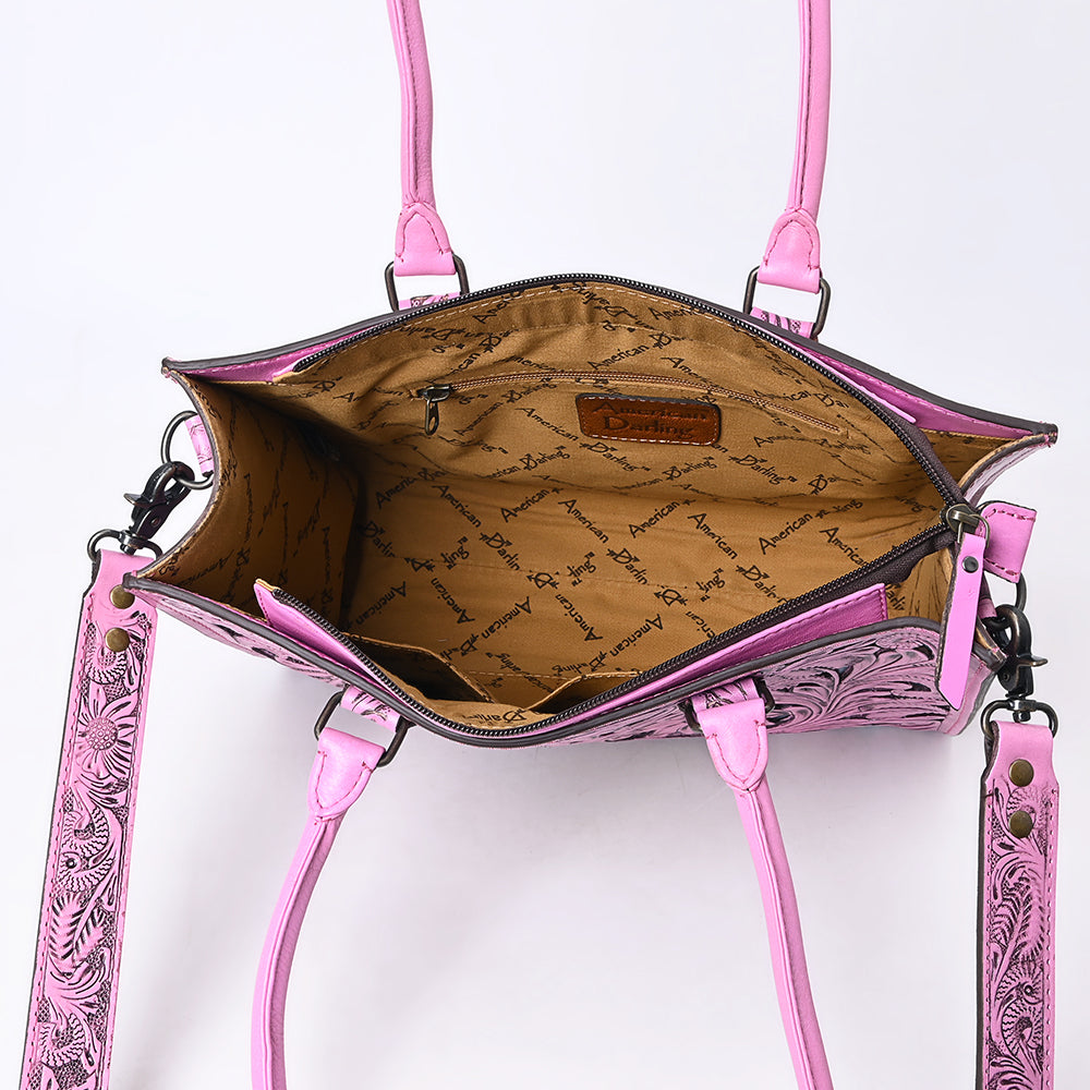 ADBG1314 American Darling Pink Hand-Tooled Leather Tote | Floral Carved Handbag