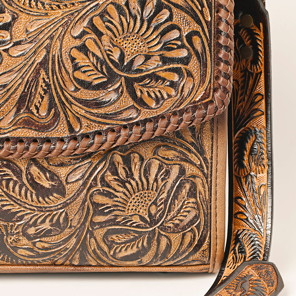 ADBG1318 American Darling Hand-Tooled Genuine Leather Western Briefcase Bag with Floral Carving