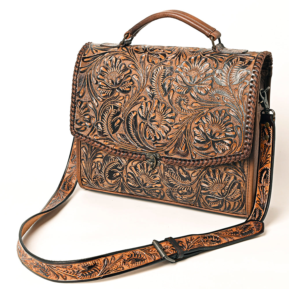 ADBG1318 American Darling Hand-Tooled Genuine Leather Western Briefcase Bag with Floral Carving