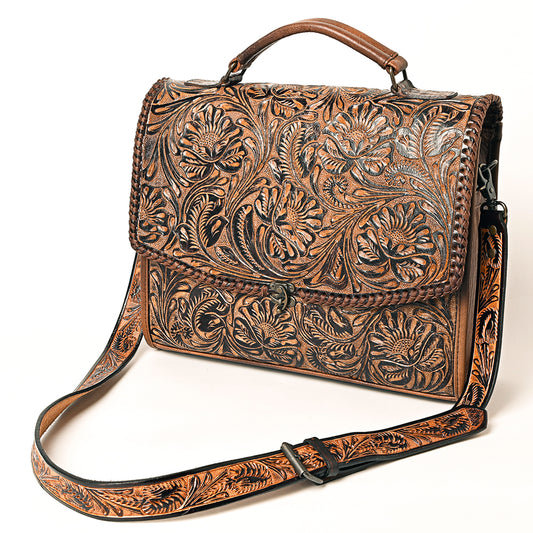 ADBG1318 American Darling Hand-Tooled Genuine Leather Western Briefcase Bag with Floral Carving