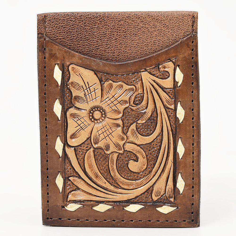 ADCCG102 Brown Hand-Tooled Leather Card Wallet - Vertical Floral Design with Diamond Accents