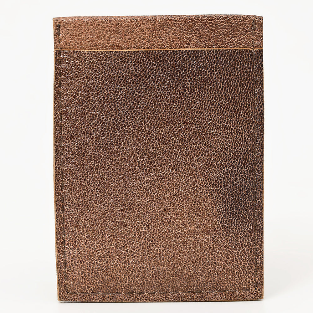 ADCCG102 Brown Hand-Tooled Leather Card Wallet - Vertical Floral Design with Diamond Accents