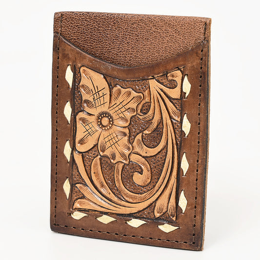 ADCCG102 Brown Hand-Tooled Leather Card Wallet - Vertical Floral Design with Diamond Accents