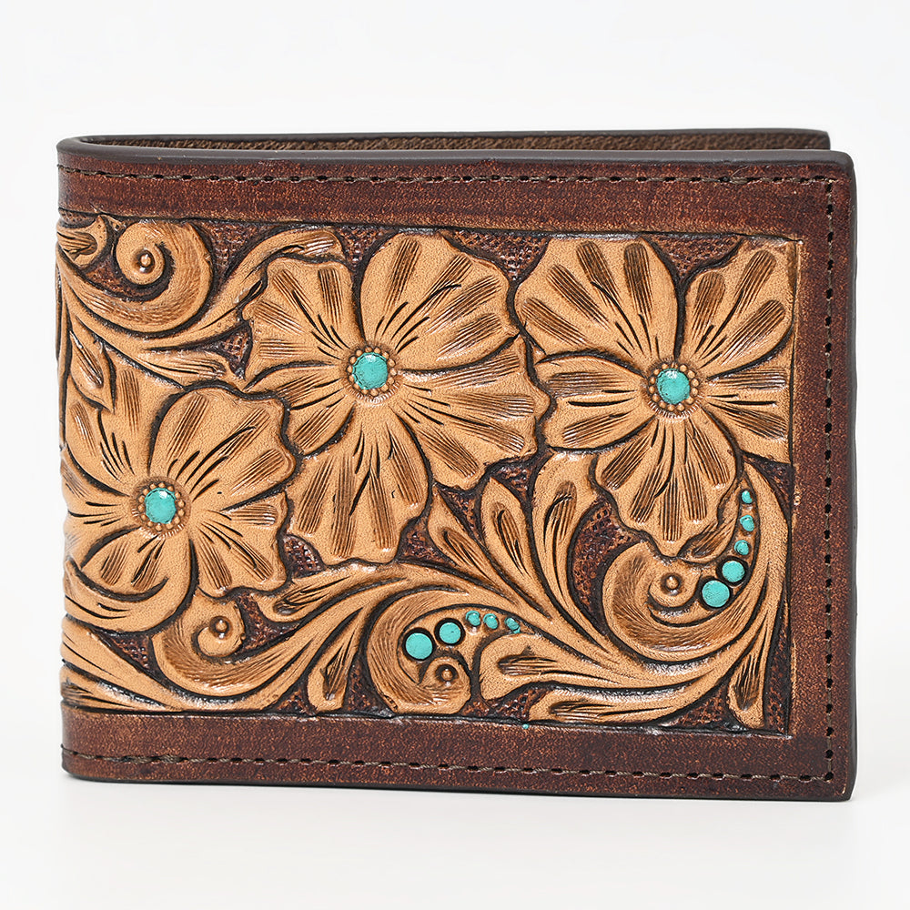 ADCCG104 Hand-Tooled Bi-Fold Leather Wallet - Turquoise Floral Design