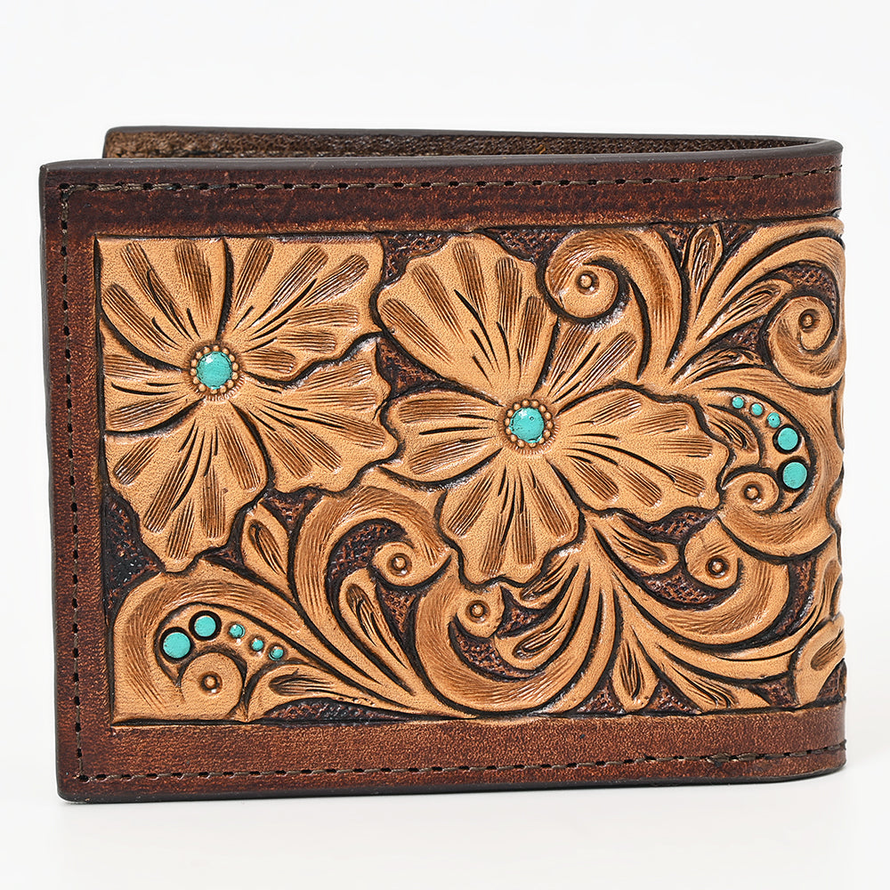 ADCCG104 Hand-Tooled Bi-Fold Leather Wallet - Turquoise Floral Design