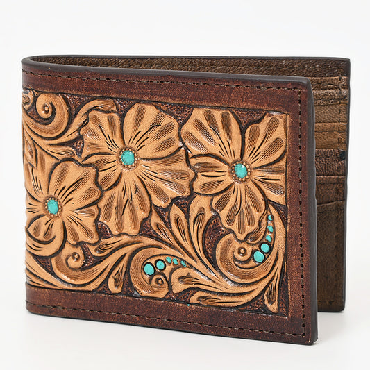 ADCCG104 Hand-Tooled Bi-Fold Leather Wallet - Turquoise Floral Design