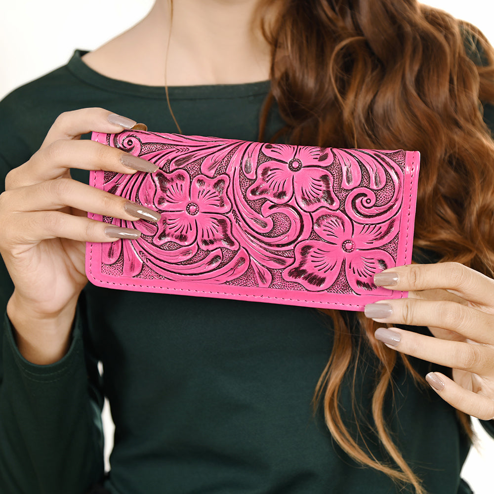 ADBG1269B American Darling Pink Tooled Leather Wallet | Floral Carved Bifold