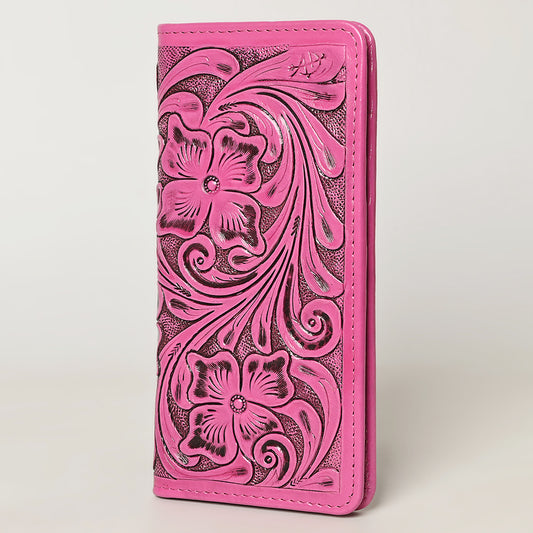 ADBG1269B American Darling Pink Tooled Leather Wallet -Floral Carved Bifold