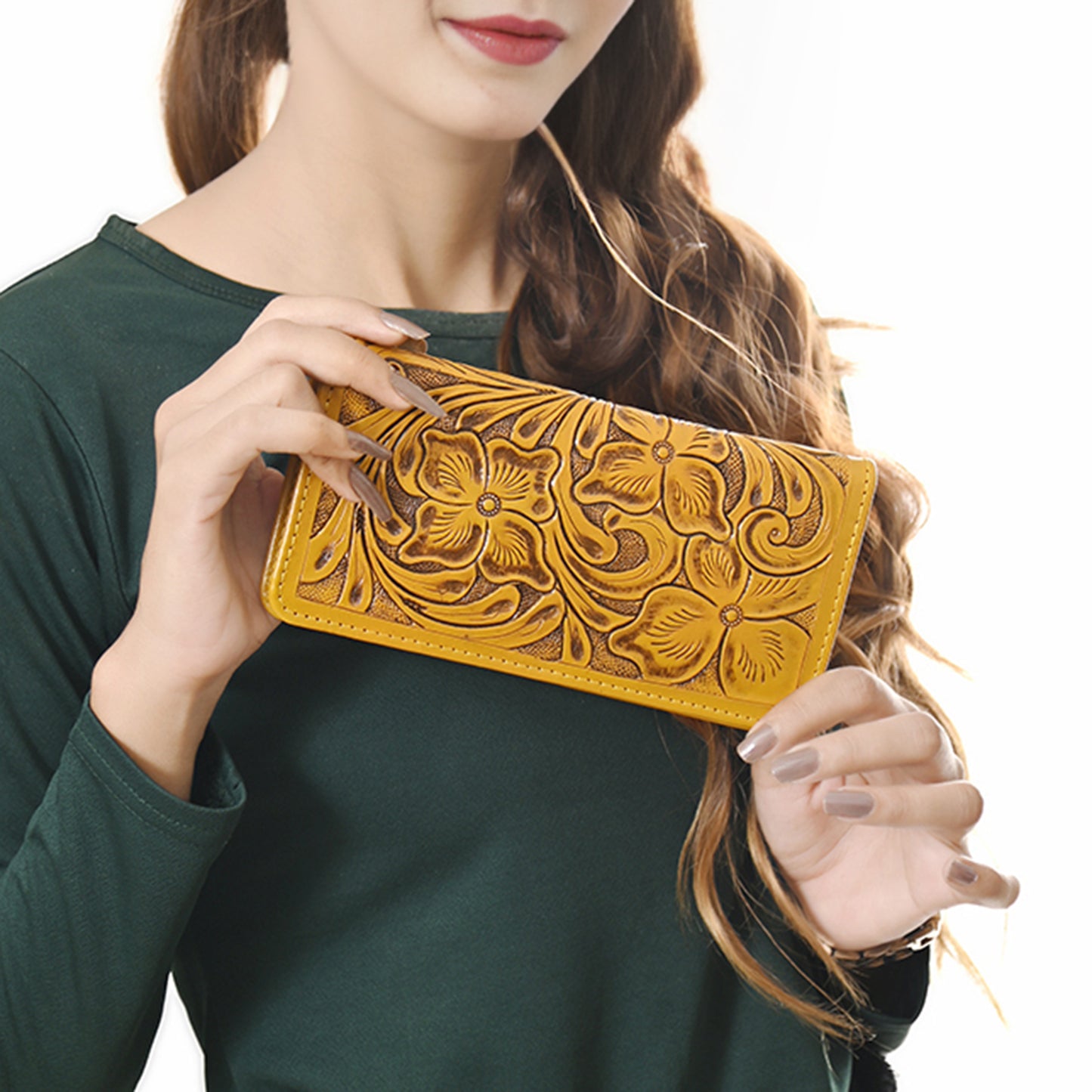 ADBG1269 American Darling Hand-Tooled Genuine Leather Western Wallet Handbag - Floral Carved Women’s Wallet