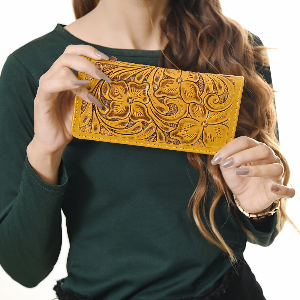 ADBG1269 American Darling Hand-Tooled Genuine Leather Western Wallet Handbag - Floral Carved Women’s Wallet
