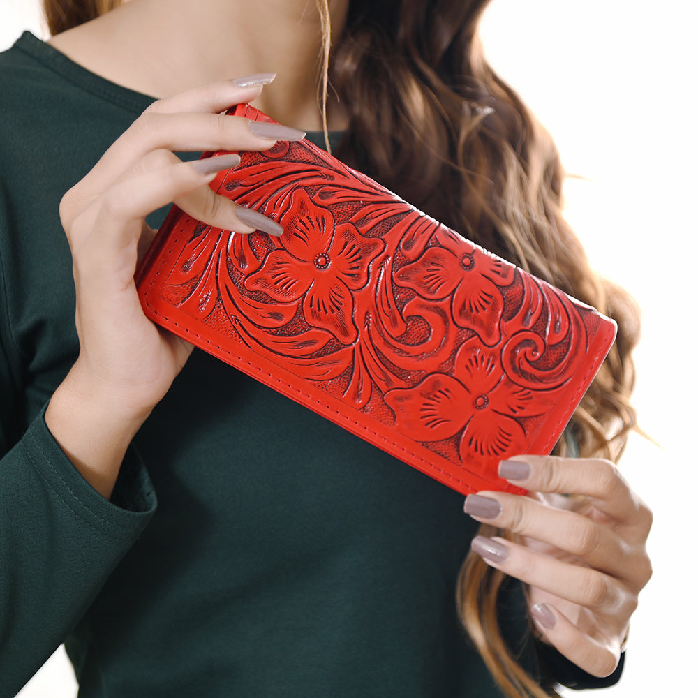 ADBG1269 American Darling Hand-Tooled Genuine Leather Western Wallet Handbag - Floral Carved Women’s Wallet