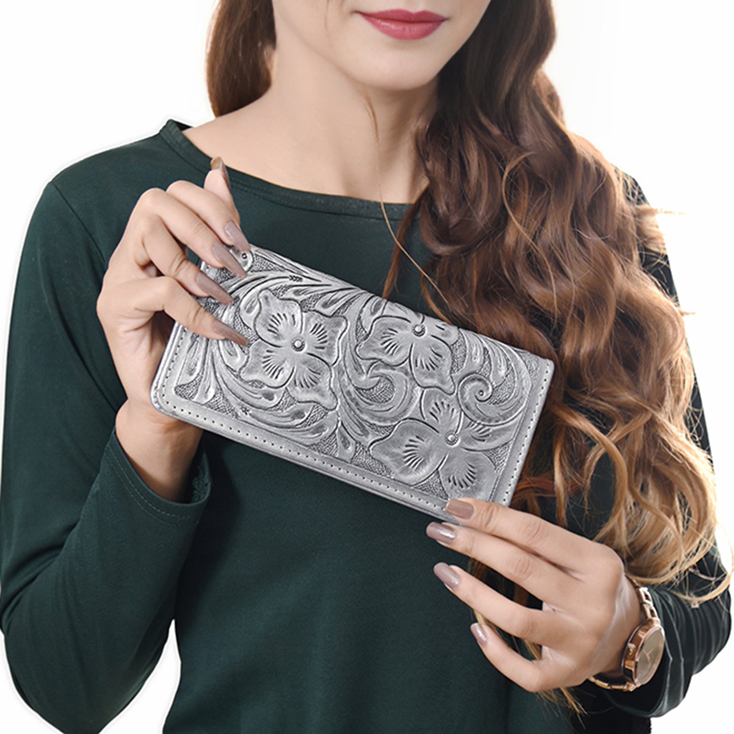 ADBG1269 American Darling Hand-Tooled Genuine Leather Western Wallet Handbag - Floral Carved Women’s Wallet