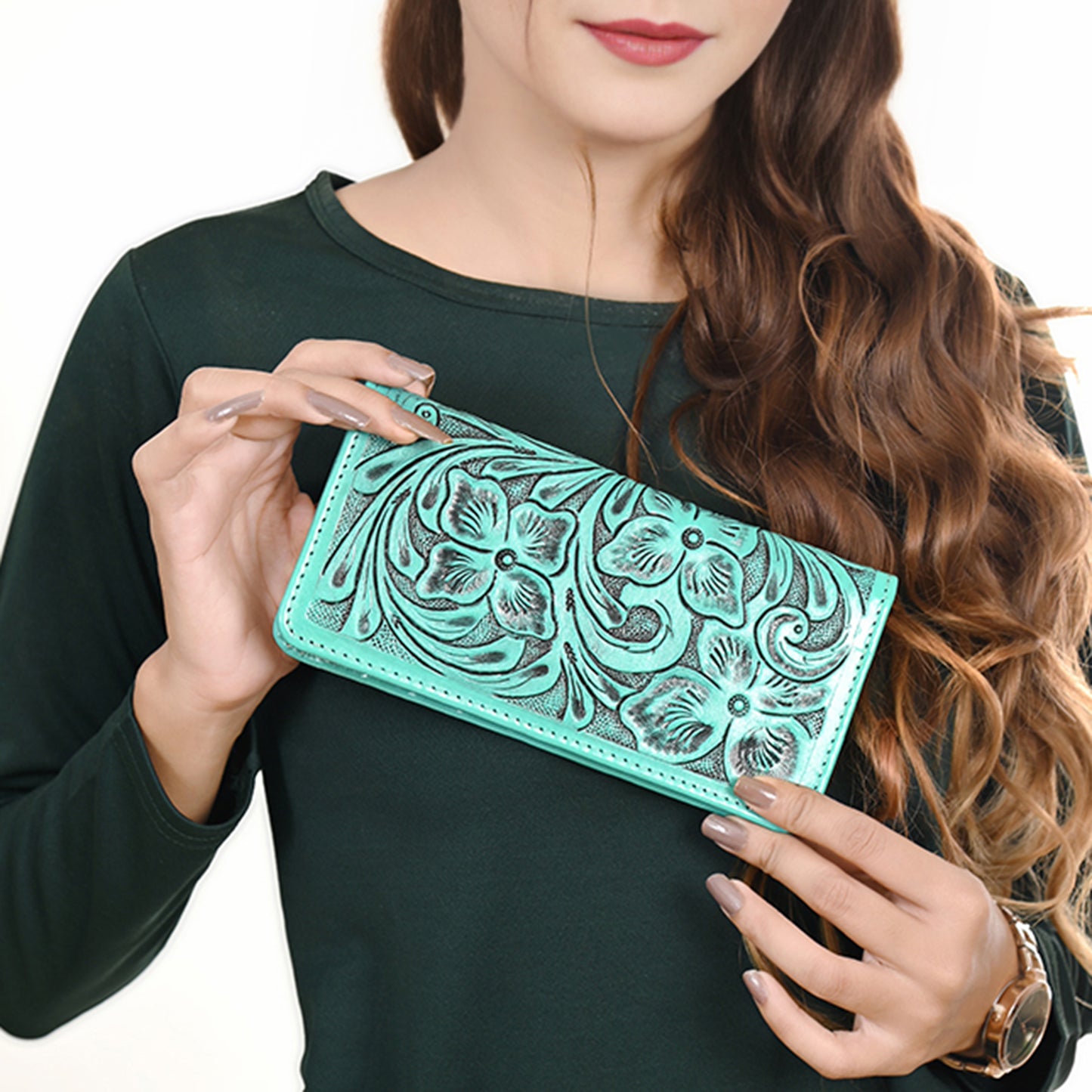 ADBG1269 American Darling Hand-Tooled Genuine Leather Western Wallet Handbag - Floral Carved Women’s Wallet
