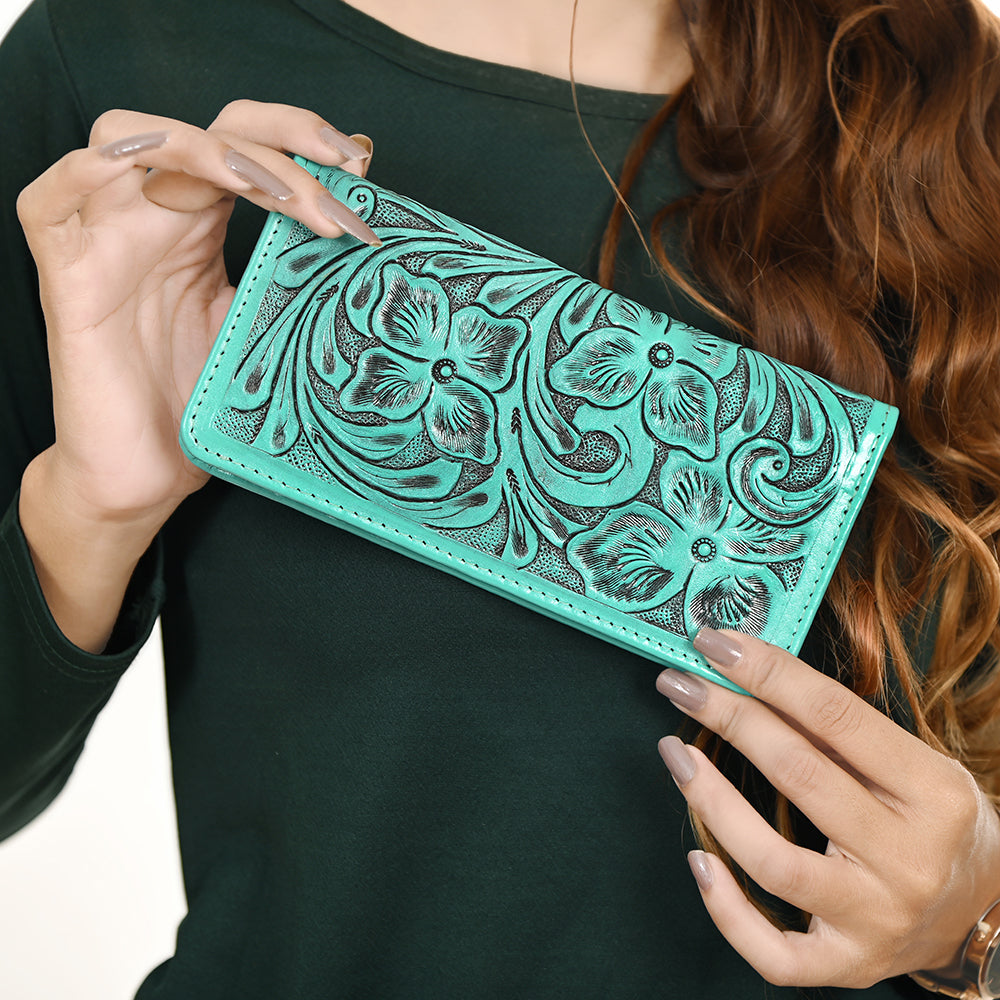 ADBG1269 American Darling Hand-Tooled Genuine Leather Western Wallet Handbag - Floral Carved Women’s Wallet