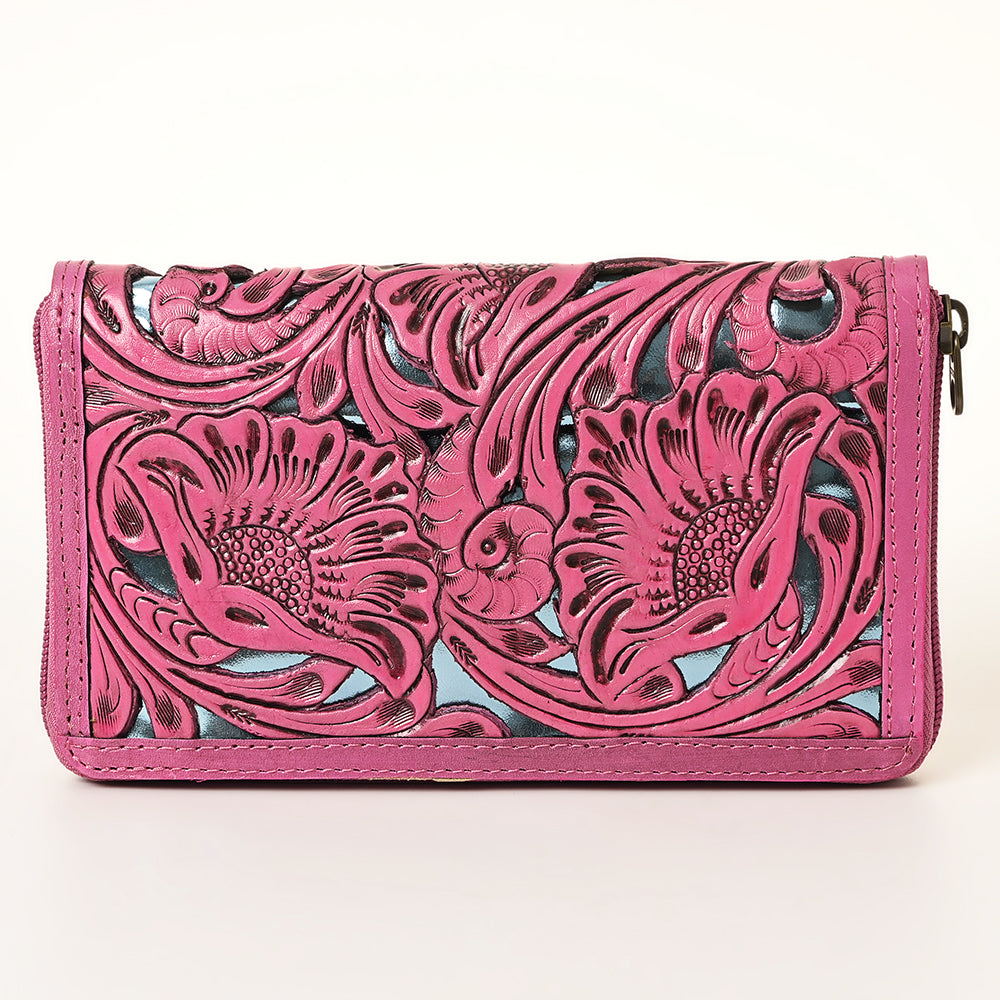 ADBG1321B American Darling Pink Hand-Tooled Genuine Leather Western Wallet Bag with Floral Carving